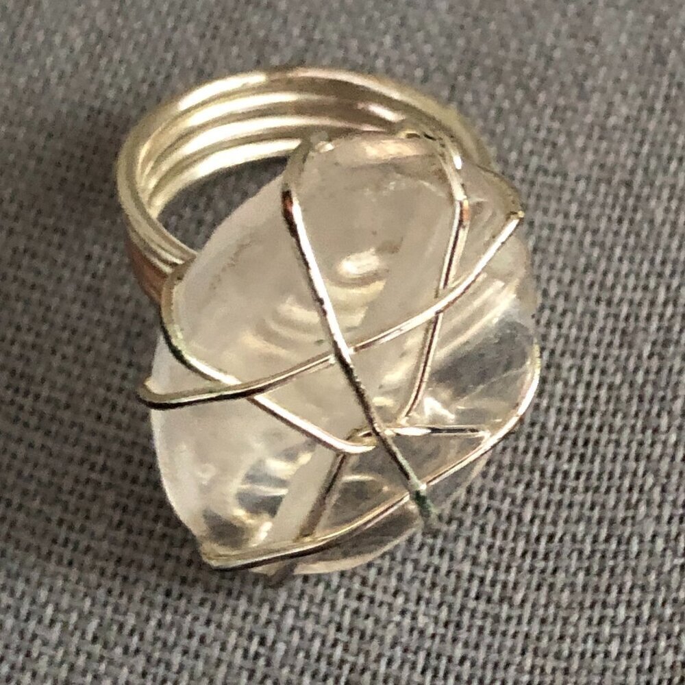 Bold Thick Silver Wire Wrapped Rock Crystal Ring Statement Light Fairy